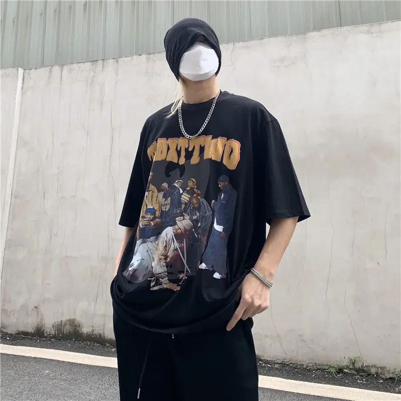 

Новинка лета 2021, винтажный топ в стиле хип-хоп с надписью и принтом пламени, свободная футболка с рукавом до локтя для мужчин и женщин