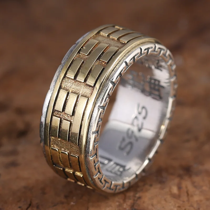 Серебряные кольца для мужчин вращающиеся с резьбой по дереву Taiji Bagua Yin Yang