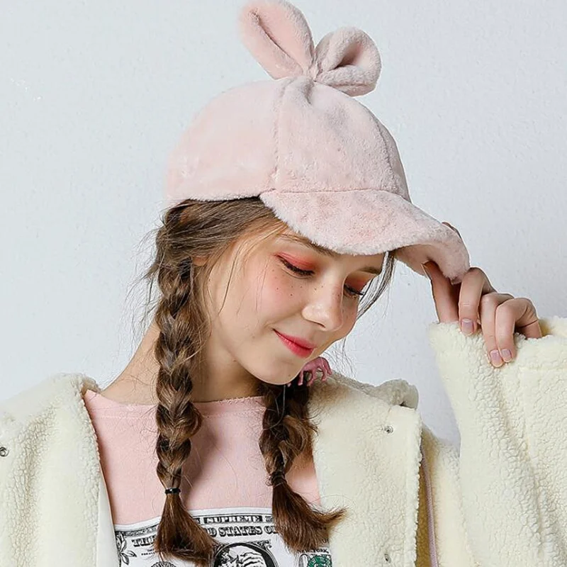 2019 зимняя модная женская бейсболка с кроличьими ушками из искусственного меха