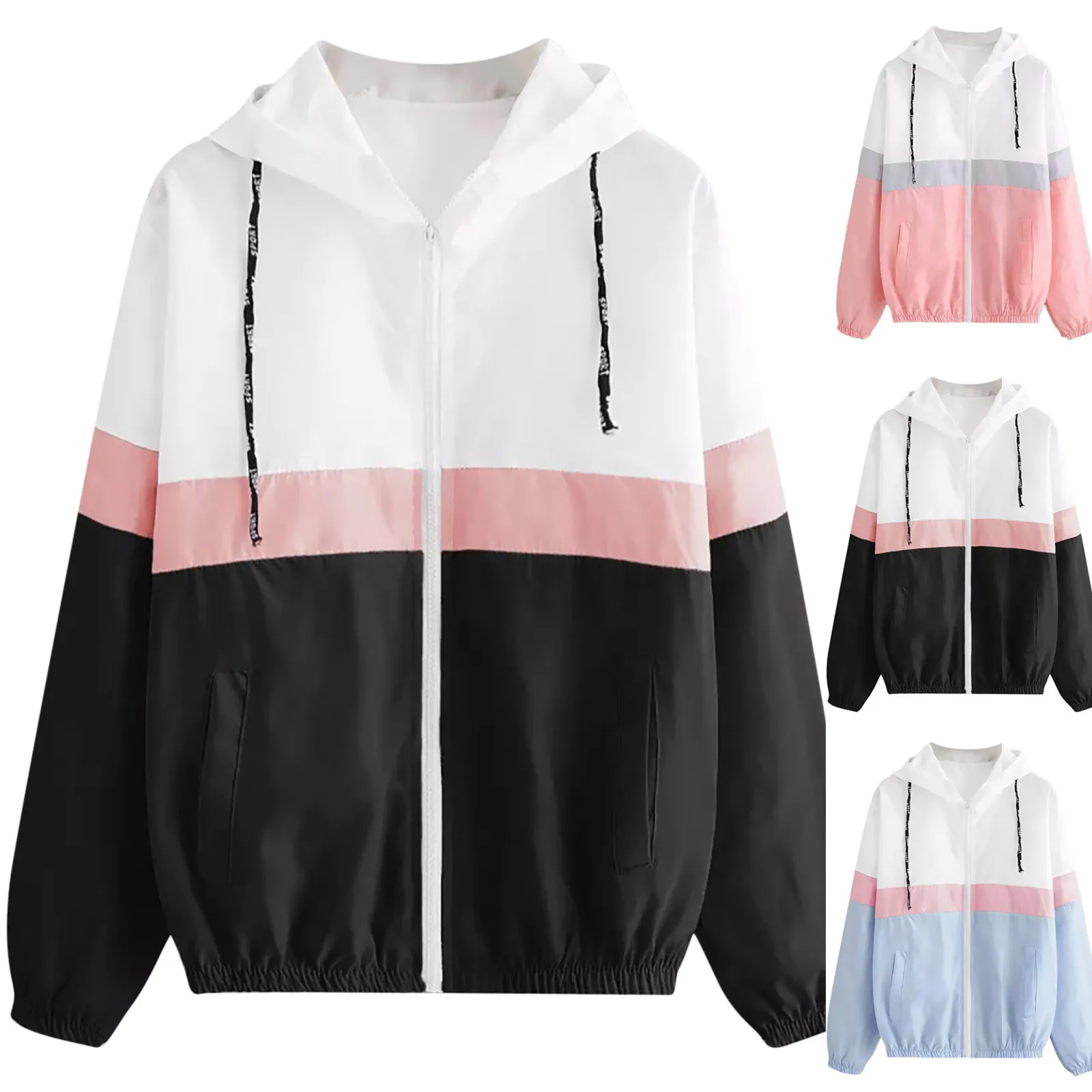 

Women jacket jaqueta feminina Fashion Women Long-sleeved Pocket Color-block Elastic Band Waist Hooded Jacket Fast Shipping