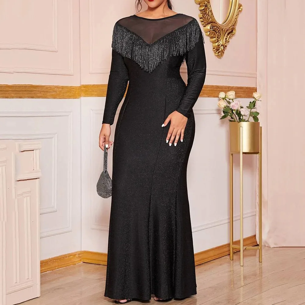 Женское вечернее платье с длинным рукавом блестящее Сетчатое длинное бахромой и