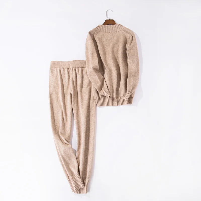 

Knitted Set Women's Autumn winter Woolen and Cashmere Knitted Suit V neck Sweater Tracksuit Women Hoodies Two-Piece Set knit