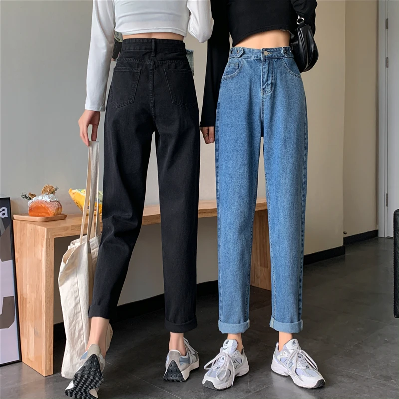 

Autumn New 2021 Casual Fashion Loose and Slimming High Waist Wide Leg Pants Korean Style Pure Color All-Matching Washed Jeans