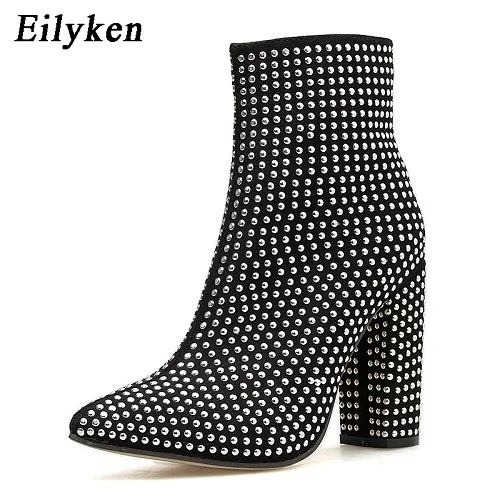 Black Eilyken/модные пикантные вечерние туфли с заклепками для ночного клуба; женские короткие осенне-зимние ботинки на молнии на высоком каблуке; размеры 41, 42 - Цвет: Black