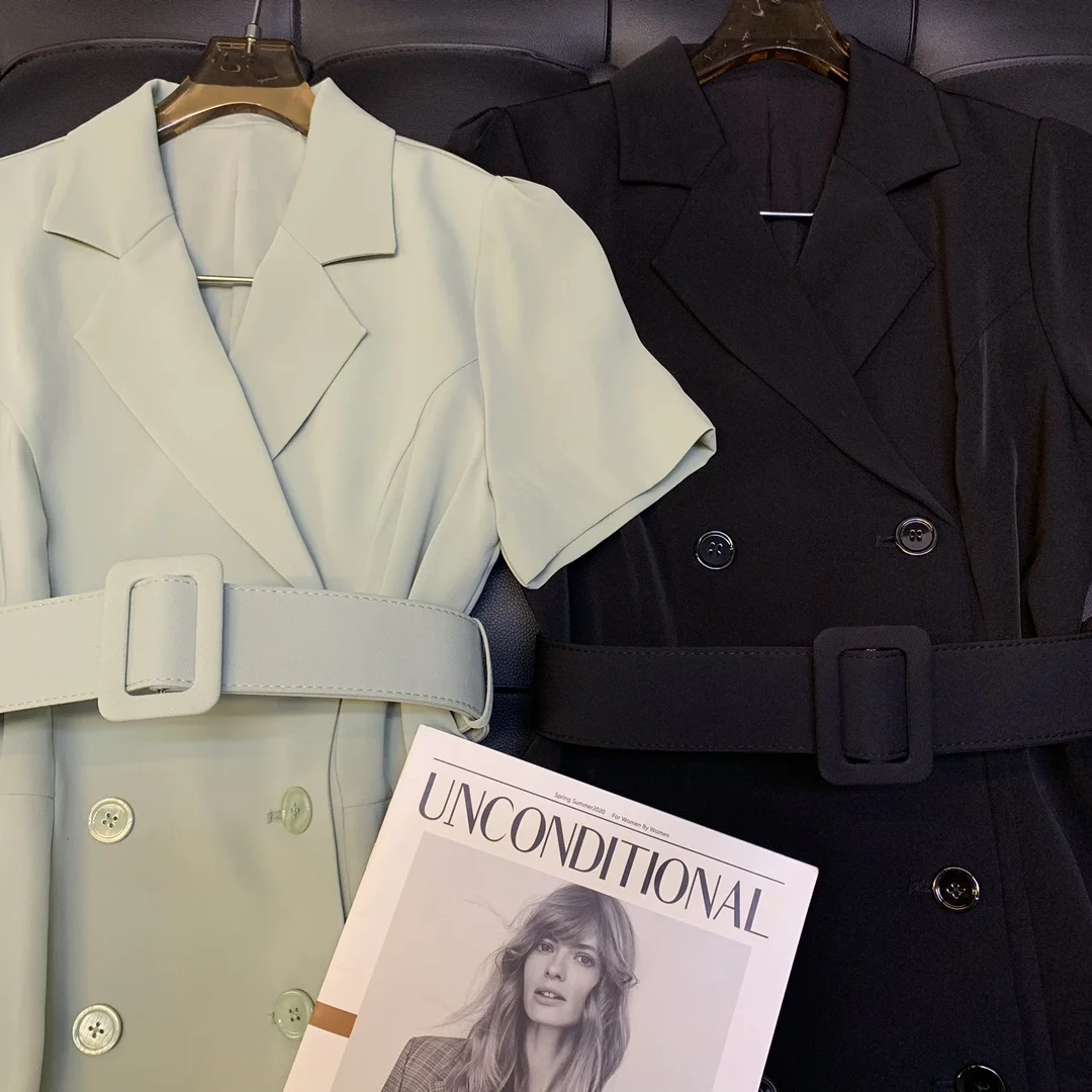 

2021 new women fashion short-sleeved suit collar double-breasted multi-layer skirt dress 0419