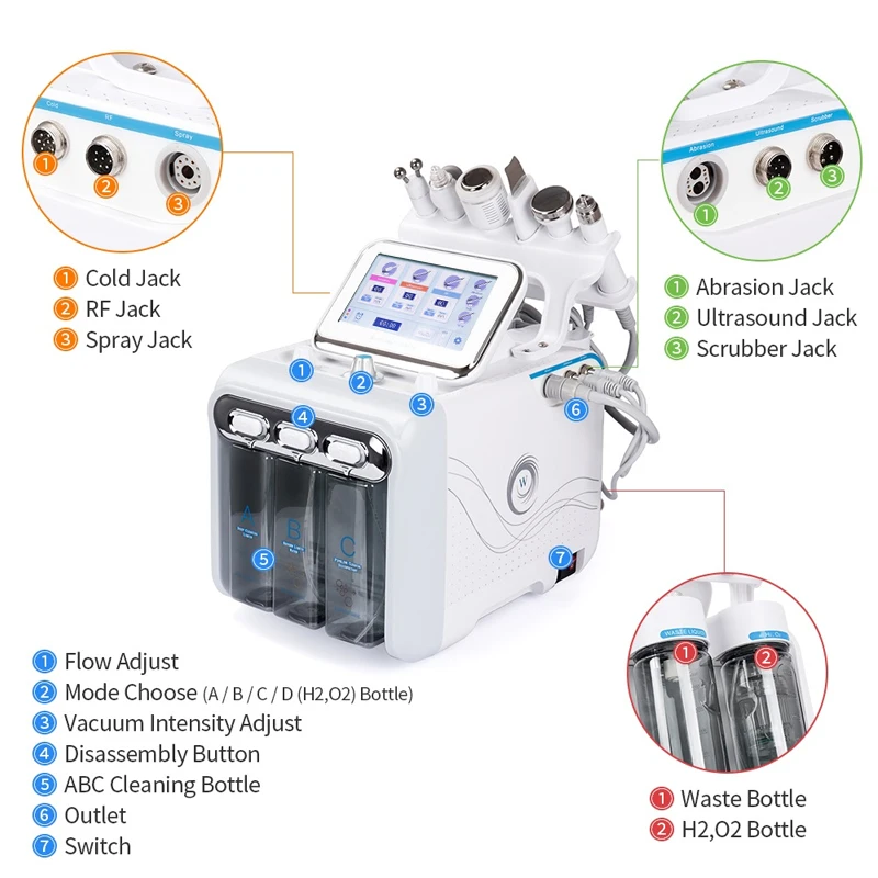 

6 in1 H2-O2 Hydro Dermabrasion Facial Ance Pore Cleaner Hydro Microderma brasion Machine Skin RF Bio-lifting Spa Care Tools