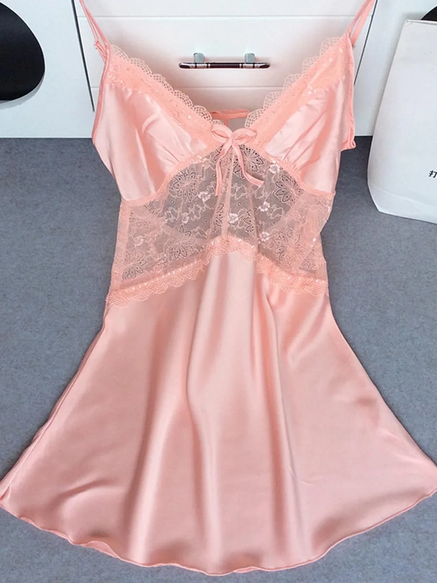 

Summer Sexy Silk Satin Night Dress Women Sleeveless Nighties V-neck Nightgown Fashion Nightdress Lace Sleepwear Nightwear 2021