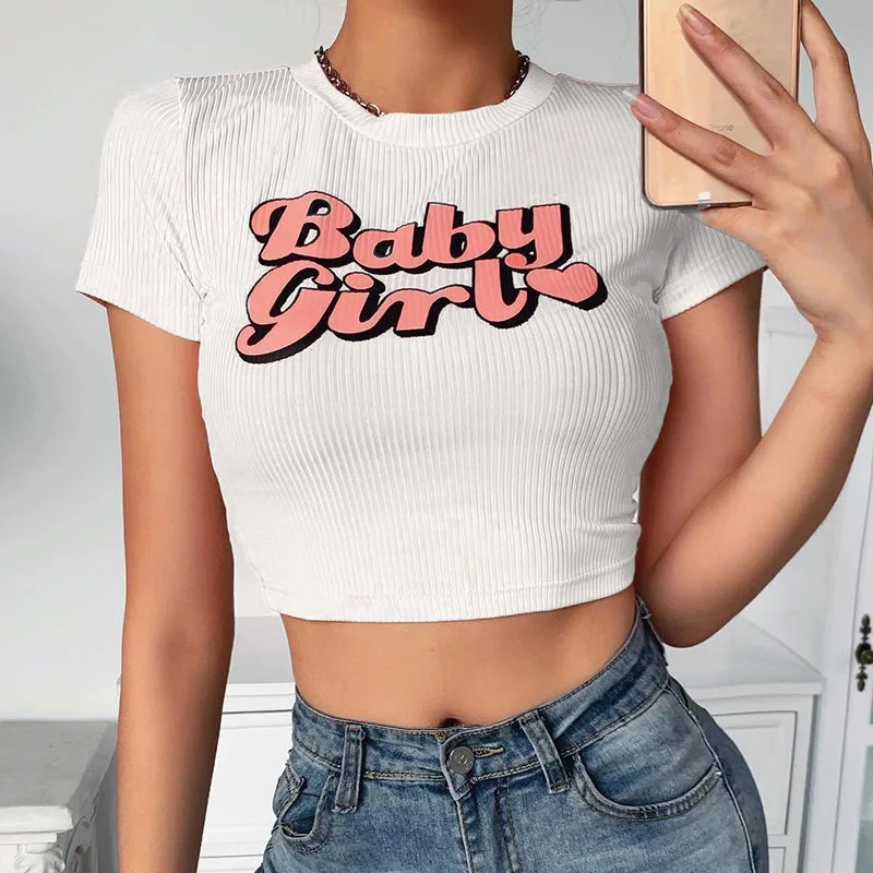 

Short Sleeve Crop Top for Women Casual Streetwear Sexy Tight with Baby Girl Print in Patchwork Summer 2021 Collection y2k top
