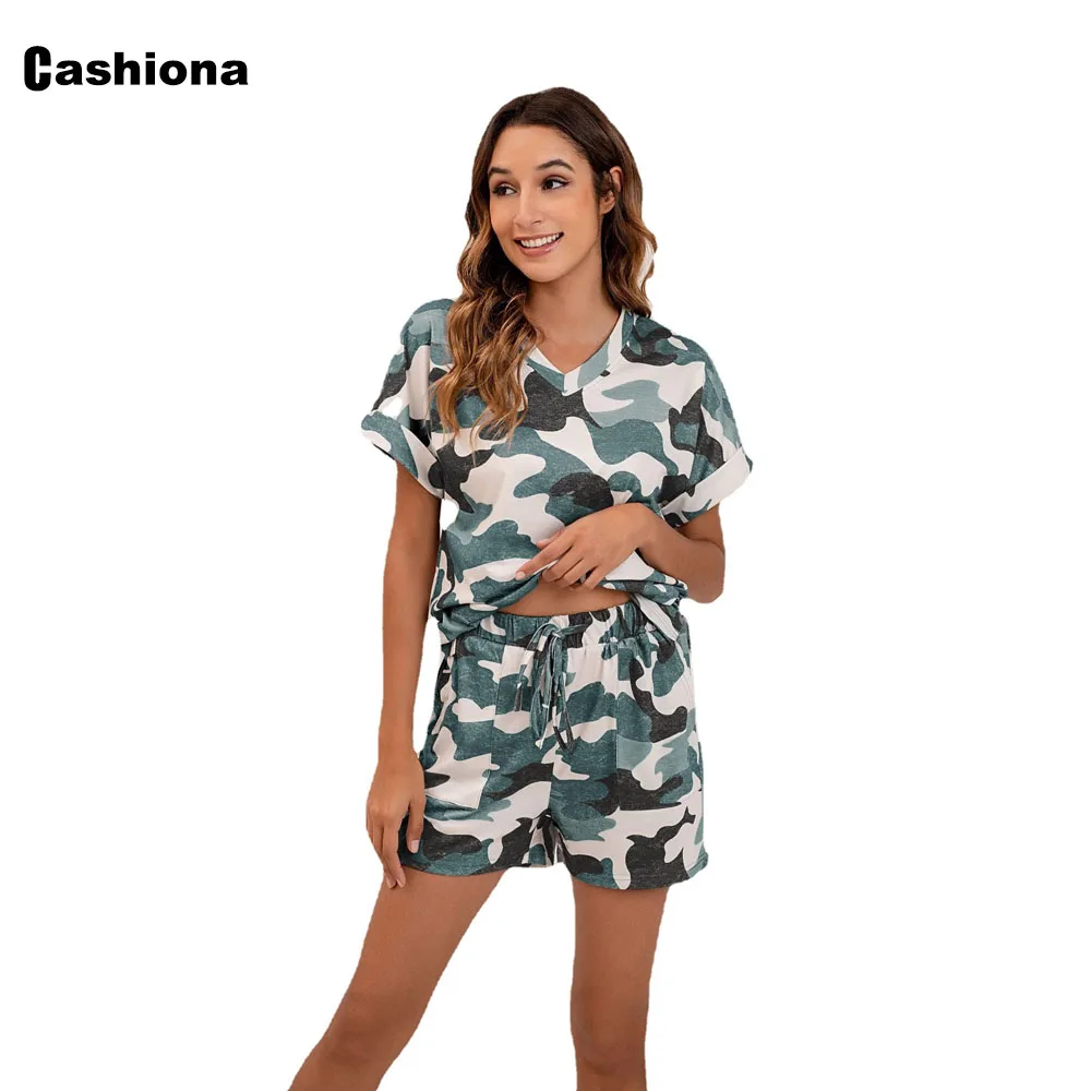

Cashiona Plus size Women Two Piece Set 2021 Summer Casual Loose Camouflage Shirt Lace-up Shorts Set Woman Tracksuit Streetwear