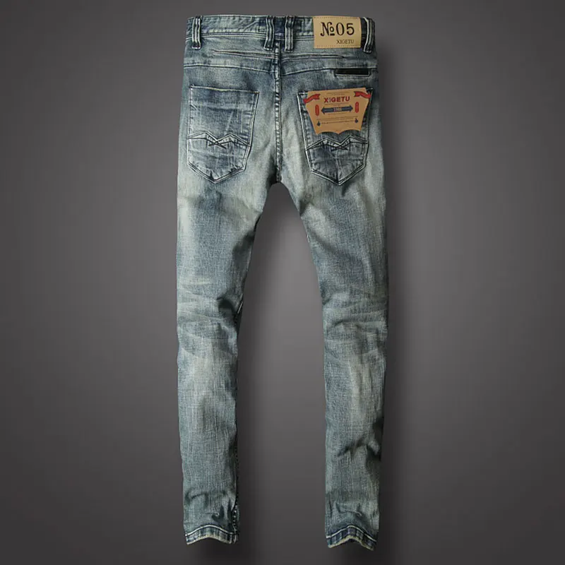 European Vintage Fashion Men Jeans Retro Gray Blue Elastic Slim Fit Ripped Jeans Men Patchwork Designer Casual Punk Denim Pants