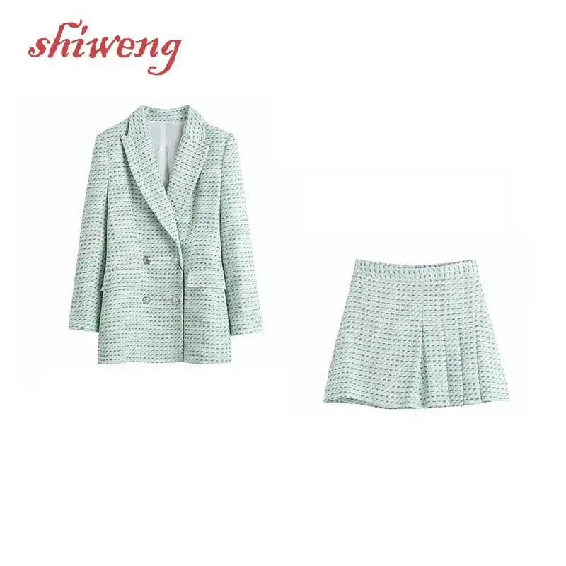 

Ladies Clothing Vintage Bean Green Double-breasted Plaid Textured Blazer Mid-length + Wide Pleated Skirt Women's Suit Casual