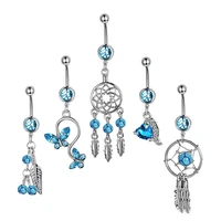 1pc sexy dangling navel piercing belly button ring stainless steel bar crystal blue zircon for woman girls drop body jewelry 14g