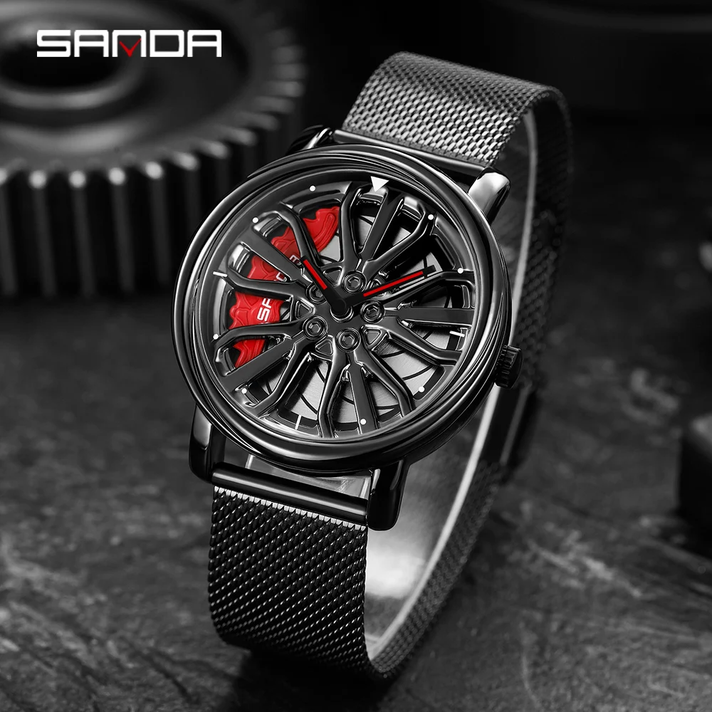 

Fashion Mesh Strap Hot Sell Men Quartz Watch 360 Rotating Car Wheel Dial Clock Stainless Waterproof Sport Wristwatch Relogio