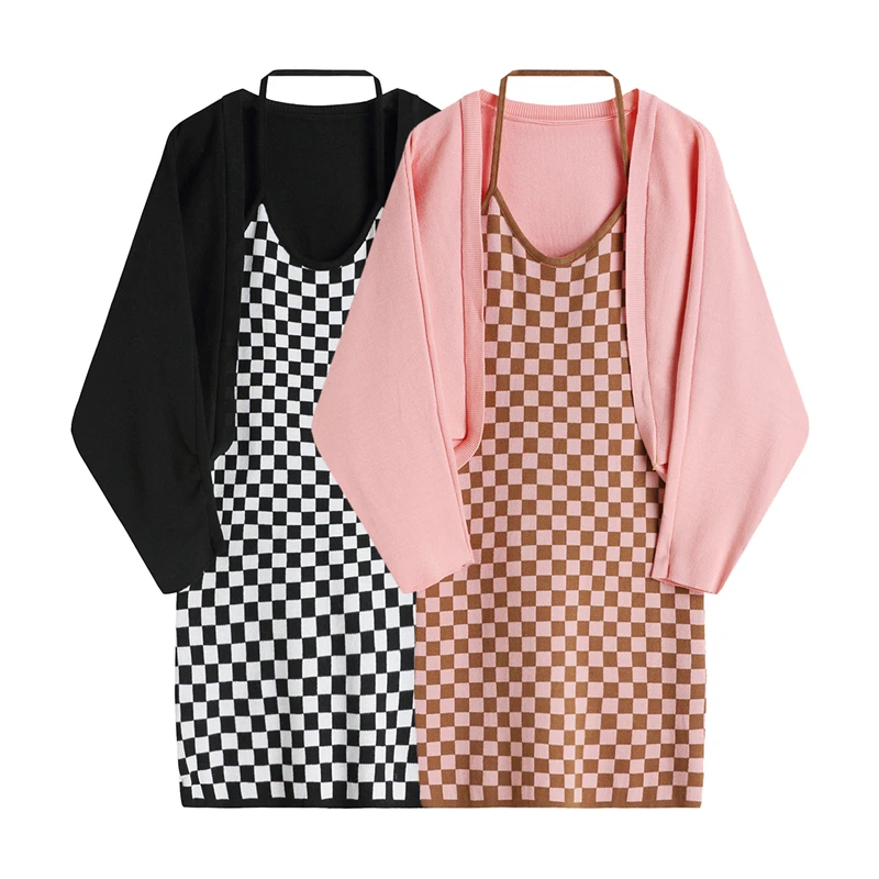 

Spring And Autumn Thin Retro Checkerboard Plaid Black Pink Suspender Dress + Knitted Shawl Cardigan Two-piece Suit Women Sexy
