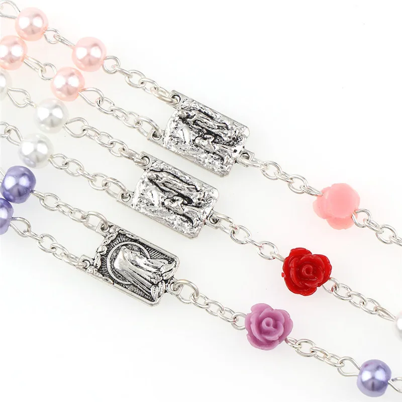 Ожерелье с имитацией жемчуга 6 мм крест Розария цветок Дева Мария подвеска