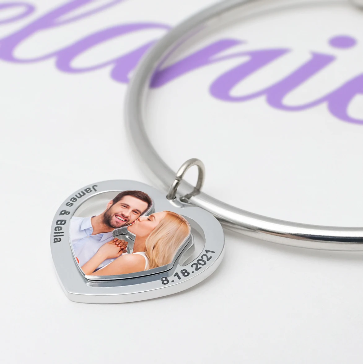 

Personalized Photo Bangle,Customized Bracelet Engrave Photo Name Date,Heart Shape Picture Bangles,Anniversary Gift for Her