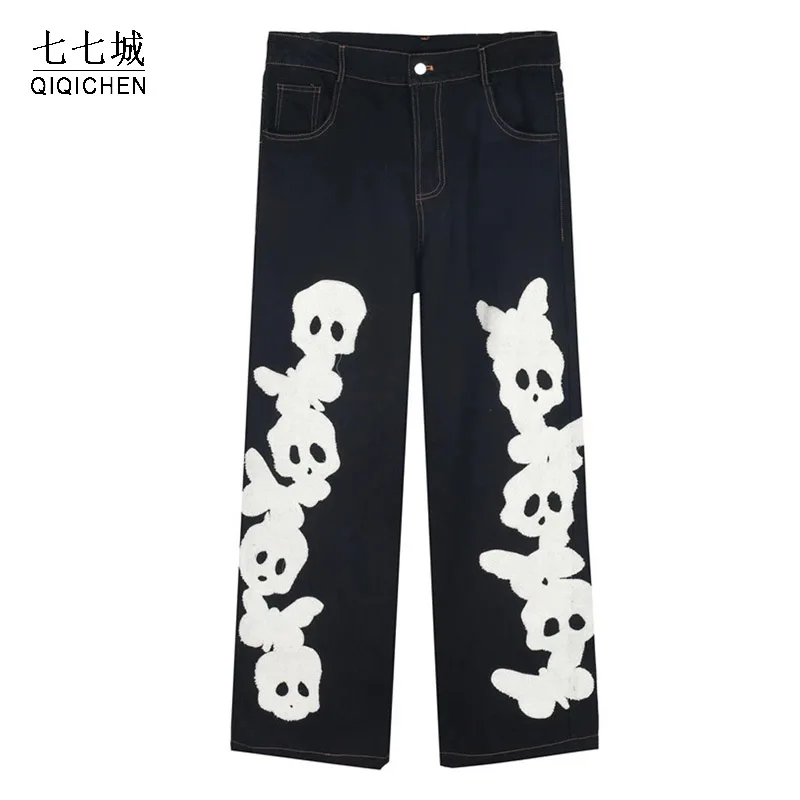 

Skull Patchwork Jeans Men Denim Hip Hop Men Designer Cargo Pant Male Vintage Harajuku Skeleton Graffiti Straight Trousers Street