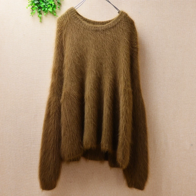 

NEW Loose lazy oaf Sweater Lady Knitted clothes Angora Rabbit Fur knitted Long Sleeve O- Neck Mink Cashmere Pullover