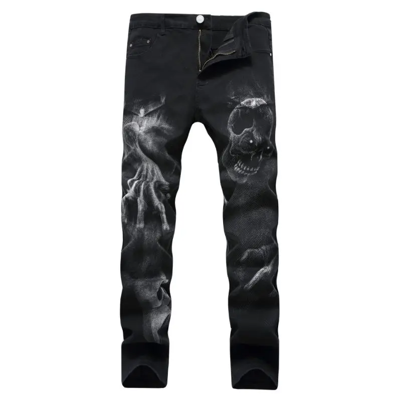 2021 Cool Design 3D Skull Print Punk Men Vintage Pencil Jeans Trousers Dark Streetwear Hip Hop Slim Women Denim Pants For Teens