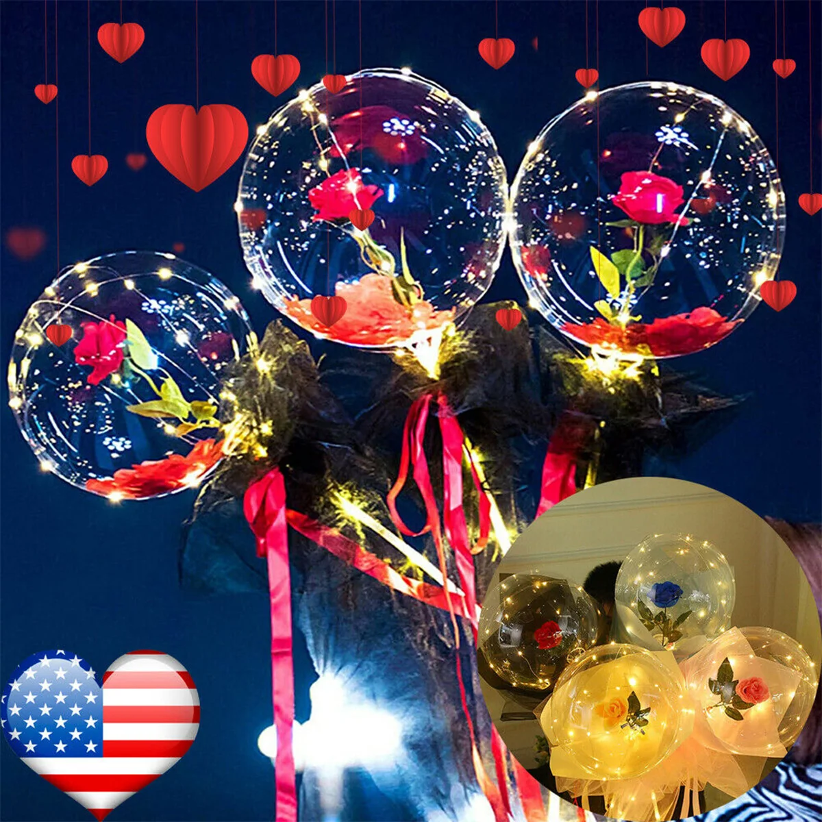 

Luminous LED Light Balloon Rose Bouquet Bobo Ball Lighting Transparent Balloons with Flower Romantic Diy Gifts Wedding Valentine