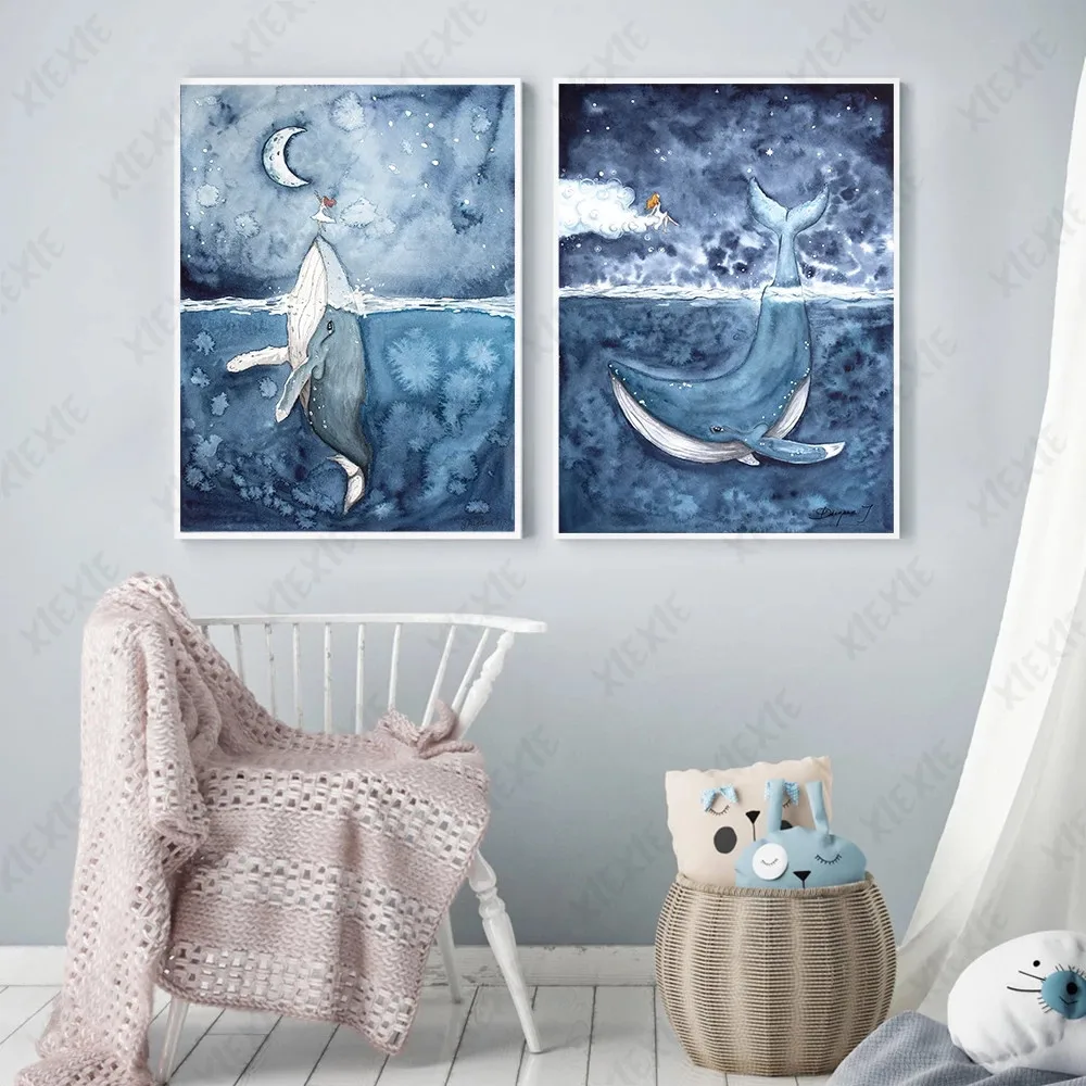 

Abstract Ink Poster Whale Blue Sea Wallpaper Graffiti Canvas Painting Decoration Home Living Room Nordic Craft Print Picture