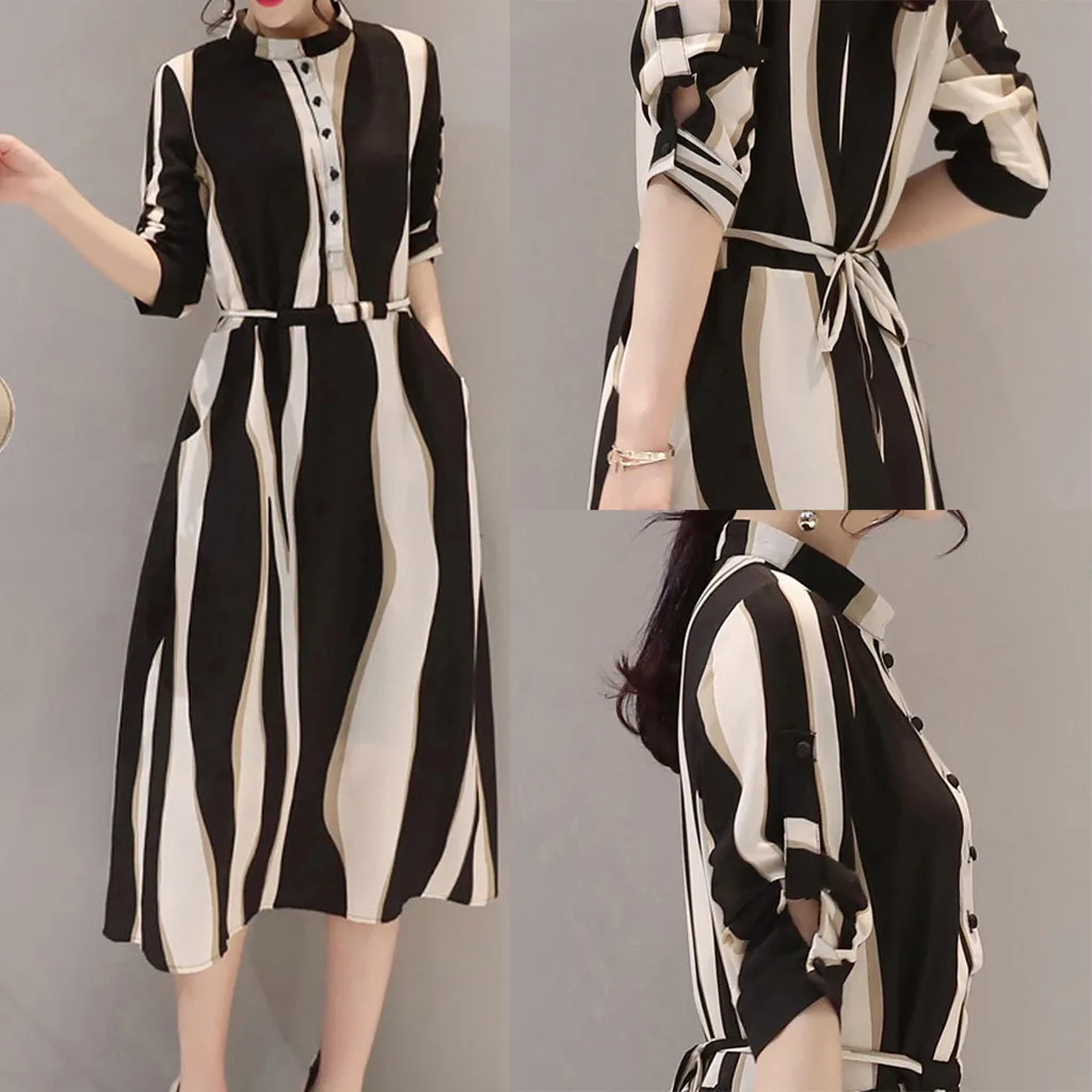 

Dress Women 2021 Fashion Hot Sales Party Dresses Women Fashion Lady Elegant Chiffon High Collar Half Sleeve Stripe Loose Dress