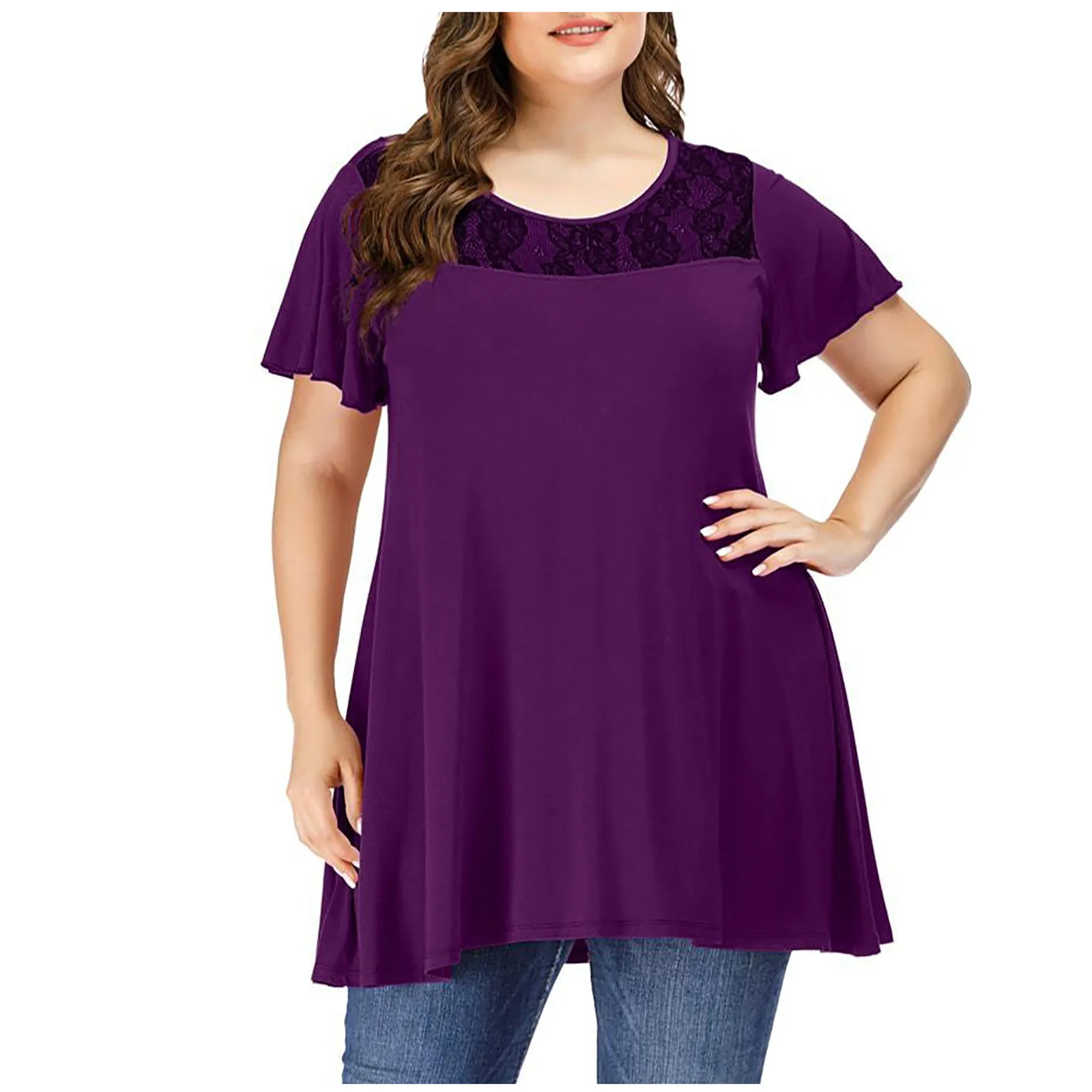 Полных женщин плюс-размер футболки сетки шить однотонные Цвет блузка с коротким