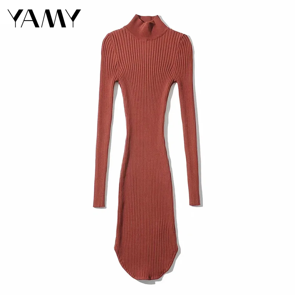 

Ins Hot Sale Slim Half High Neck Long Sleeve Knitted Dress Women Spring Autumn Solid A-line Dress All-match Elastic Vestido