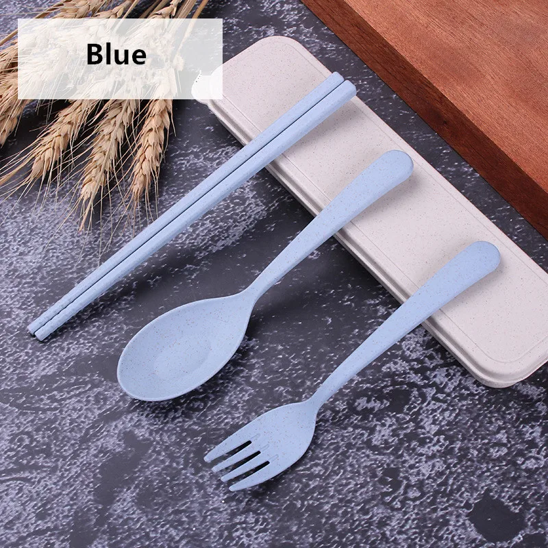 Blue 4 шт./компл. портативный многоразовый Ложка Вилка открытый набор столовых приборов для путешествий вилка ложка палочки для еды набор приборов из пшеничной соломы набор столовых приборов - Цвет: Blue