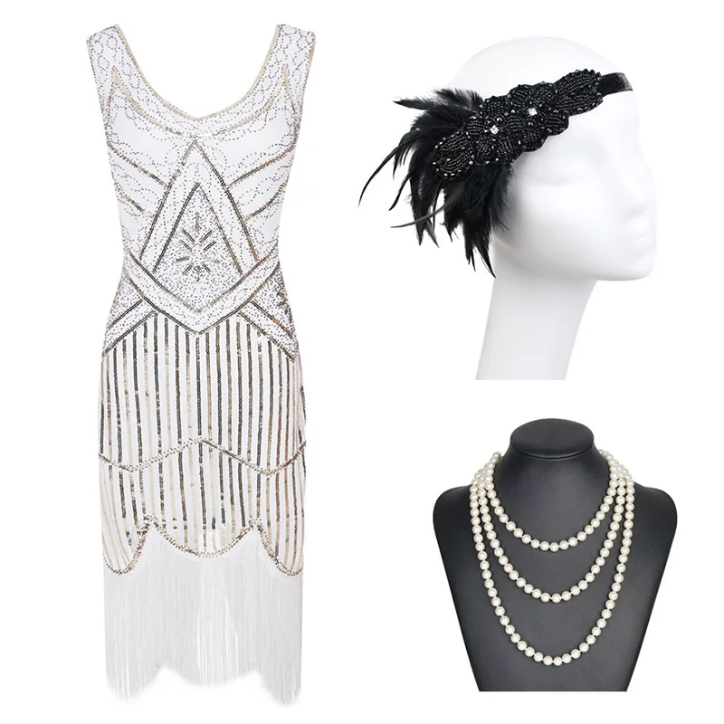 White Set 1920s Гэтсби блесток бахромой Пейсли Хлопушка платье с 20s аксессуары набор xs, s, l, m, xl, xxl - Цвет: White Set