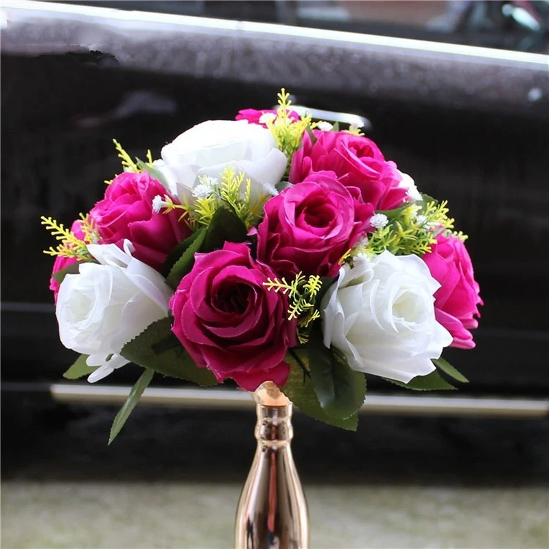

A Bunch 15 Flowers Artificial Ball Fabric Plastic Simulation Centerpiece for Wedding Roses Home Decore Cheap Silk Fake Flowers