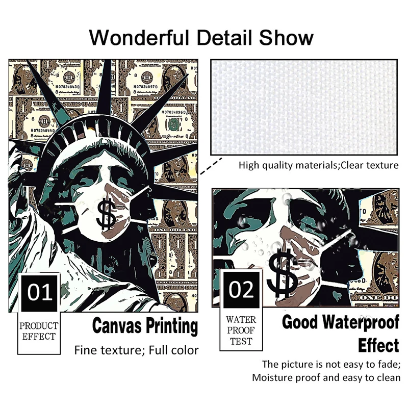 

Canvas Print Painting Statue of Liberty Wear Mask Dollar Wall Poster Graffiti Art Aisle Living Room Unique Home Decoration