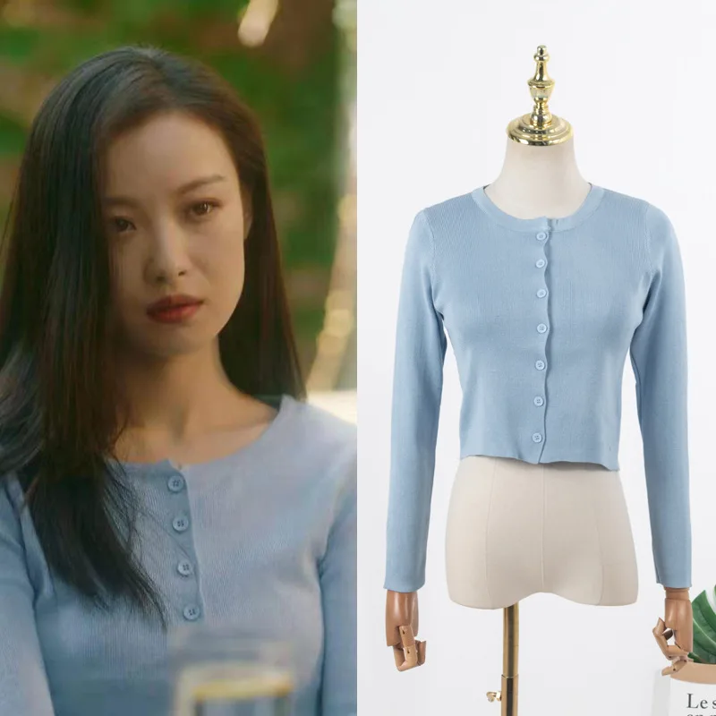 

Kpop TWICE IU Seo Yea Ji Light Blue Long-Sleeved Short Knit Tops Women Streetwear Fashion Single-breasted Slim Cardigan Sweaters