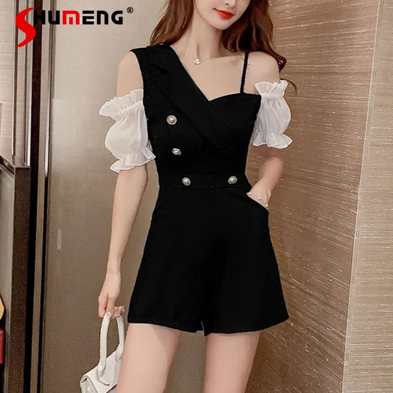 

2021 Summer Ladies Sling Jumpsuit New Small Jumpsuit Shorts Women Fashion Solid Color Slimming Zipper Wide Leg Rompers&playsuits
