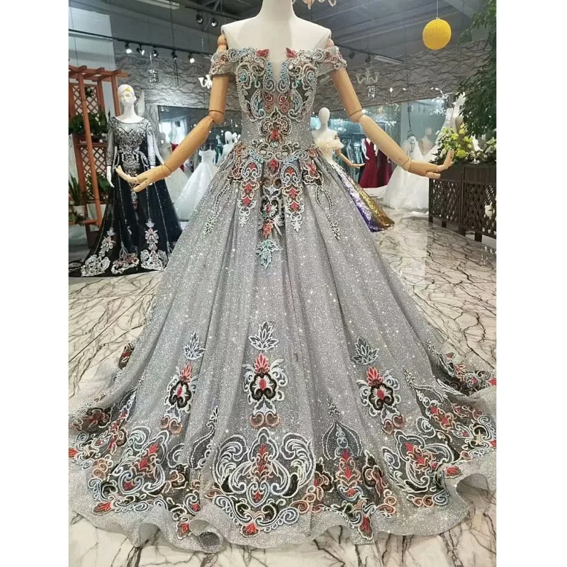 BGW 31123ht Grey Shiny Mother Of Bride Wedding Party Dresses Off Shoulder Sweetheart Bling A-line Evening Dress With Brush Train | Свадьбы и