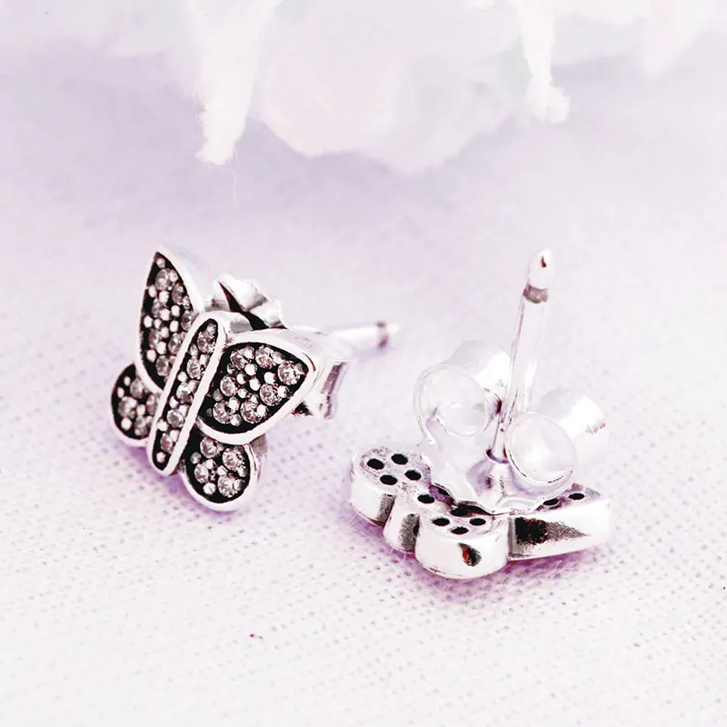 

Authentic S925 Earring Pave Butterfly With Crystal Stud Earring For Women Wedding Gift fit Lady Jewelry