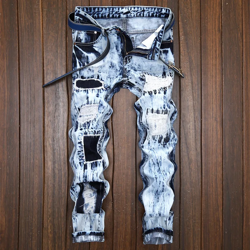 

New light-colored jeans men's casual embroidered hole patch color matching trendy pants straight-leg jeans