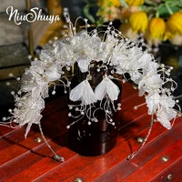niushuya european white flower bridal headbands tiaras with earring wedding hairbands evening head wear wedding hair accessories