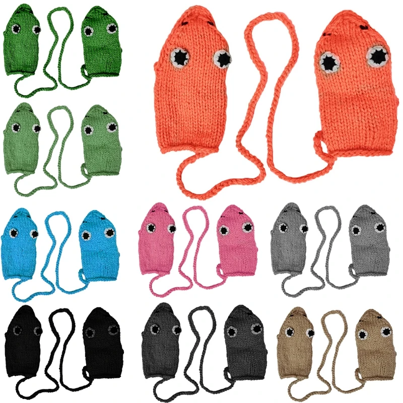 

Unisex Winter Crochet Knitted Gloves Cute Cartoon Frog Mouth Eyes Windproof Warm Ski Full Finger Mittens with String