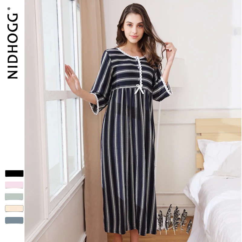 

Women European Long Loose Night Gown Cotton Sleep Wear Nightgown Three Quarter Sleeping Dress Round Neck Striped Sleepshirts