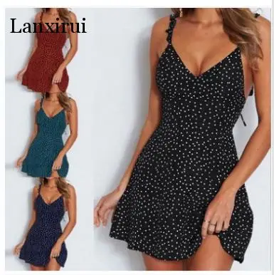 

Fashion Lovely Women Sleeveless Wrap Boho Polka Dot Loose Causal Butterfly Sleeve Mini Dress Summer Sundress Holiday