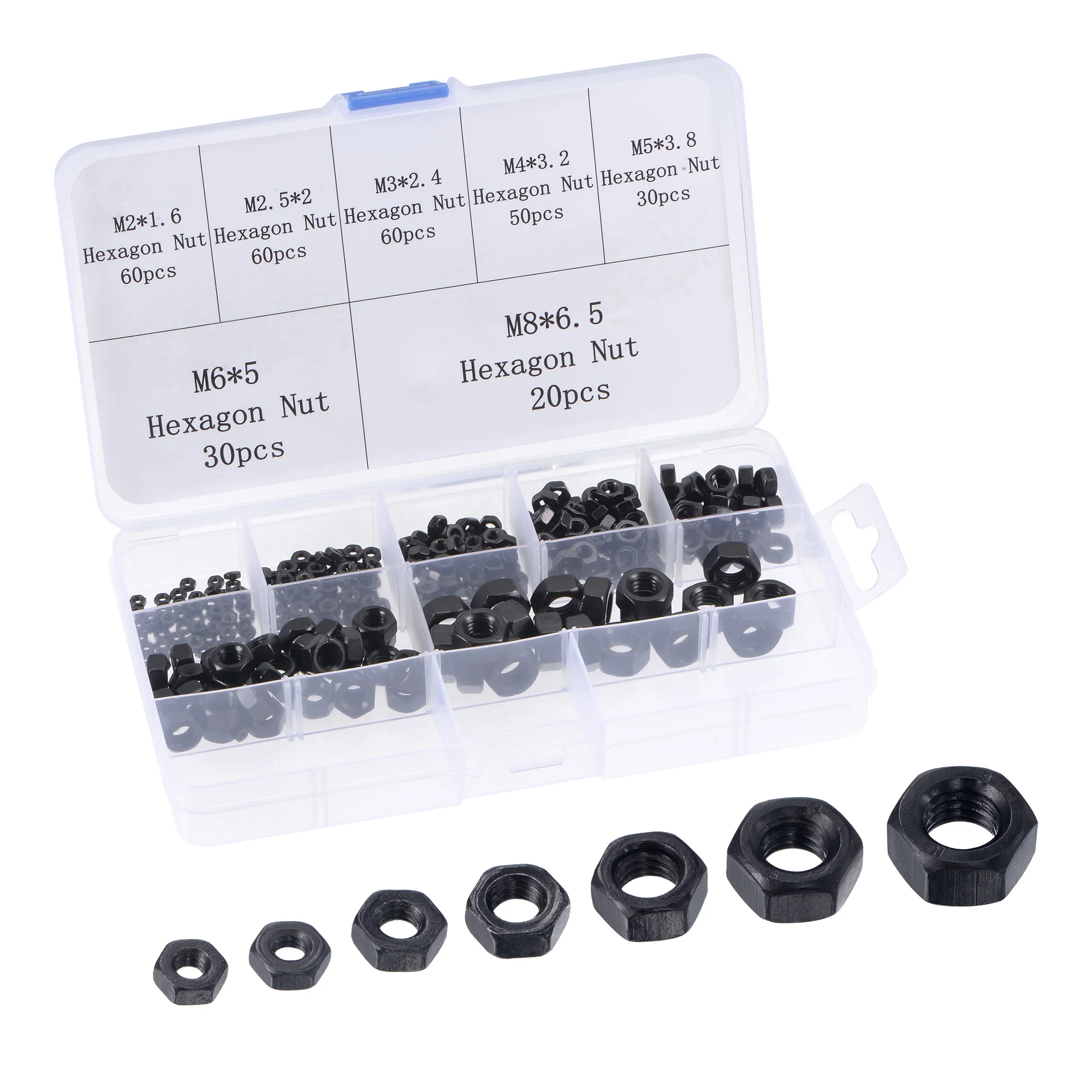 

Шестигранные Гайки Uxcell-310 шт. 7-размер Метрическая грубая резьба Шестигранная гайка из углеродистой стали набор для болтов