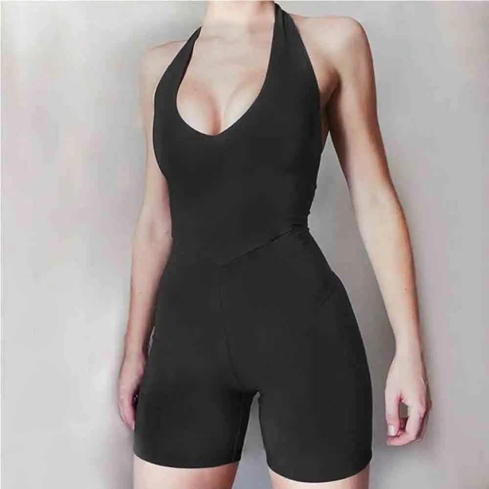 

Sexy Halter Sleeveless Playsuit Woman Backless Bandage Elastic Streetwear Bodycon Casual Fashion Summer Rompers 2020