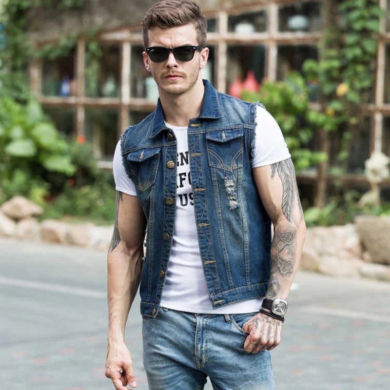 Streetwear Fashion Men Vest Retro Blue Destroyed Designer Ripped Denim Vest Men Plus Size S-6XL Sleeveless Hip Hop Punk Jackets