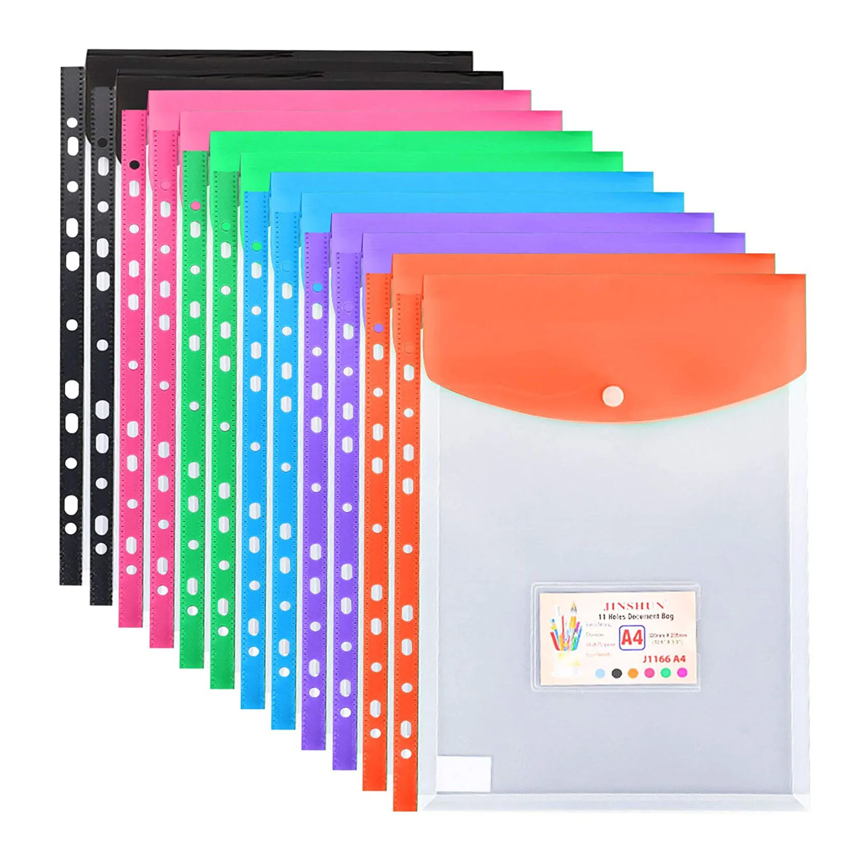 A4 Size Clear Plastic Waterproof Perforated Pockets with Button Closure for 11 Holes Files Binder Envelopes Folders Organizer
