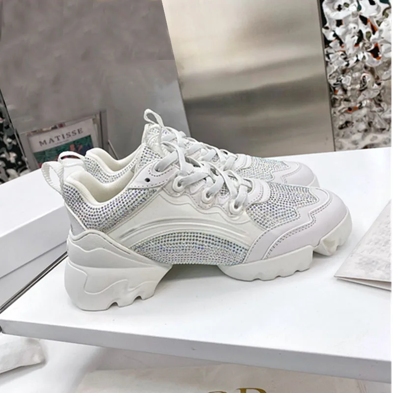 

Designer comfortable women's outfit shoes, luxury crystal lace-up women's casual shoes, thick-soled wedge heel women's sports sh