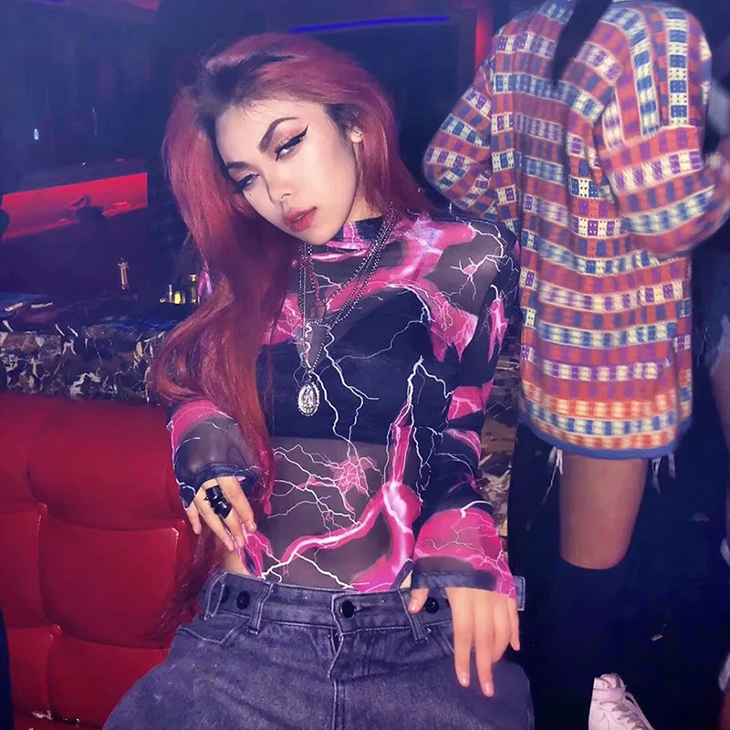 Модный женский комбинезон с принтом молнии осень 2019 сетчатый длинным рукавом