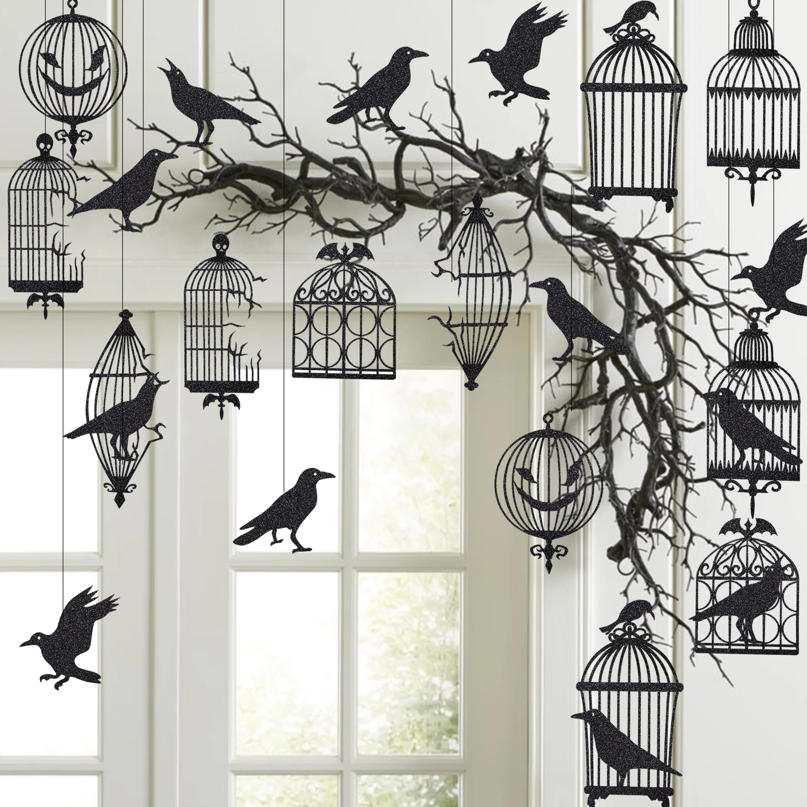 

24Pcs Glitter Black Crow Wall Sticker Cage Streamers Halloween Party Decorations Bird Banner Garlands For Halloween Tree Hanging