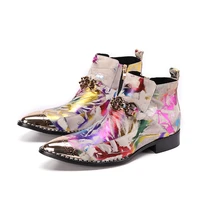 sparkling colorful floral men party boots wedding increase height mid heel ankle boots nightclub zipper formal boots dress shoes