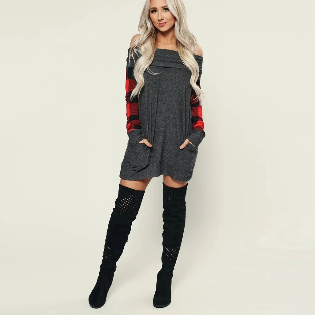 women sexy mini dress 2019 autumn slash neck Women Off Shoulder Plaid Party Ladies Dress Long Sleeve With Pocket#G4 | Женская одежда